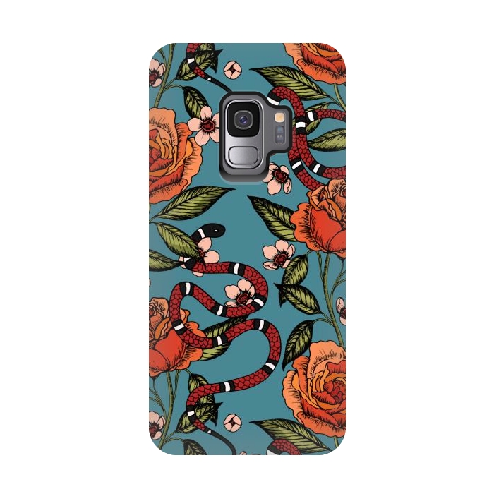 Galaxy S9 StrongFit Roses and snake. Blue pattern by Julia Badeeva