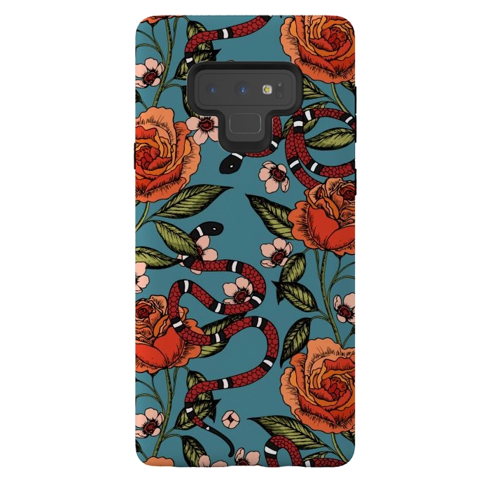 Galaxy Note 9 StrongFit Roses and snake. Blue pattern by Julia Badeeva