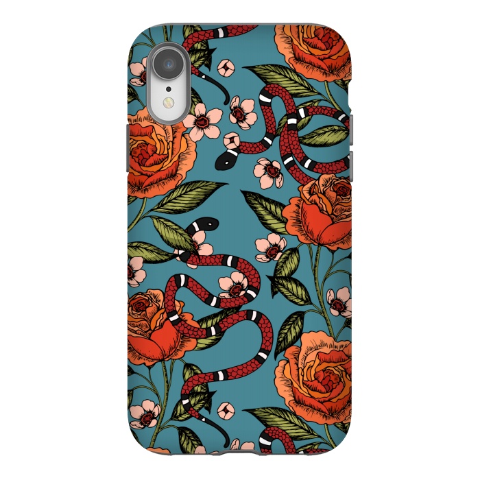 iPhone Xr StrongFit Roses and snake. Blue pattern by Julia Badeeva