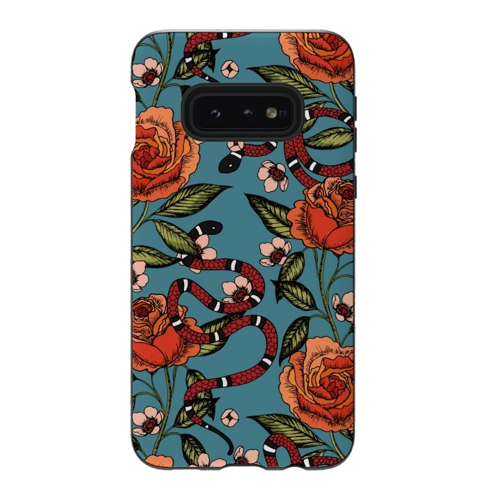 Galaxy S10e StrongFit Roses and snake. Blue pattern by Julia Badeeva