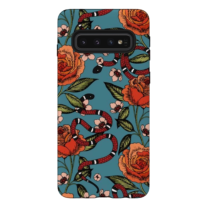 Galaxy S10 StrongFit Roses and snake. Blue pattern by Julia Badeeva