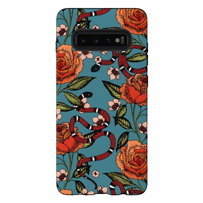 Galaxy S10 plus StrongFit Roses and snake. Blue pattern by Julia Badeeva