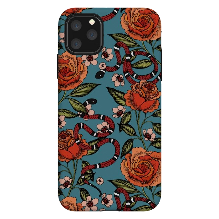 iPhone 11 Pro Max StrongFit Roses and snake. Blue pattern by Julia Badeeva