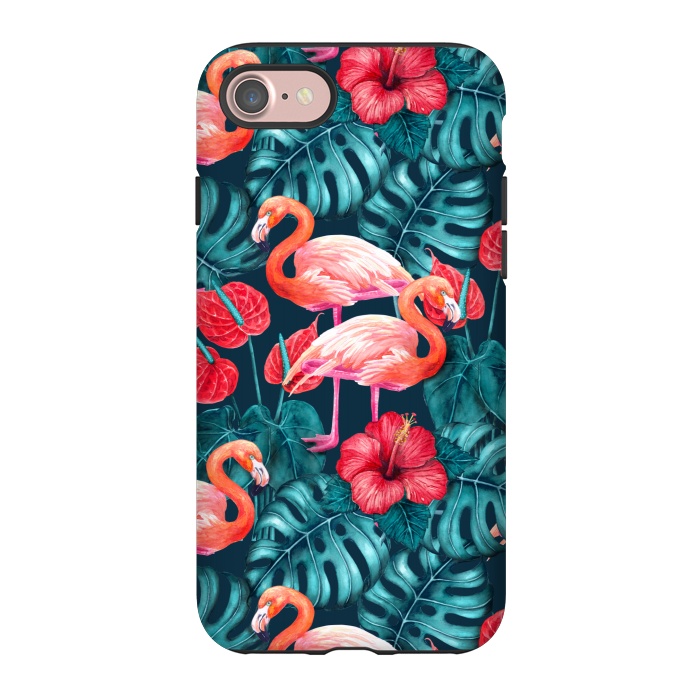 iPhone 7 StrongFit Flamingo birds and tropical garden watercolor by Katerina Kirilova