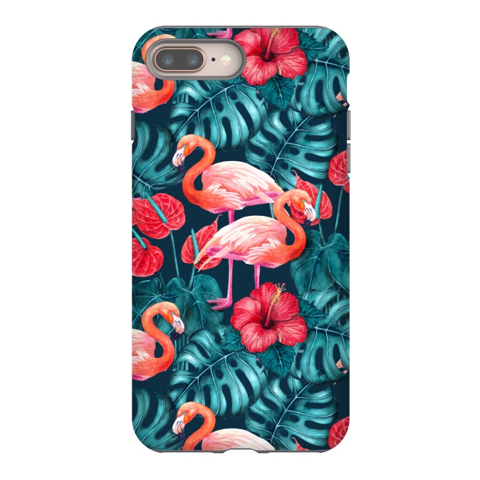 iPhone 7 plus StrongFit Flamingo birds and tropical garden watercolor by Katerina Kirilova