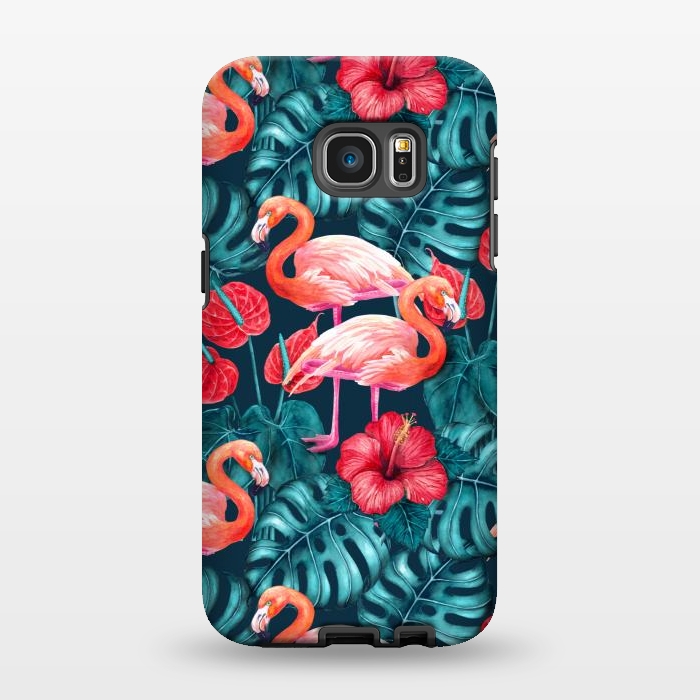 Galaxy S7 EDGE StrongFit Flamingo birds and tropical garden watercolor by Katerina Kirilova