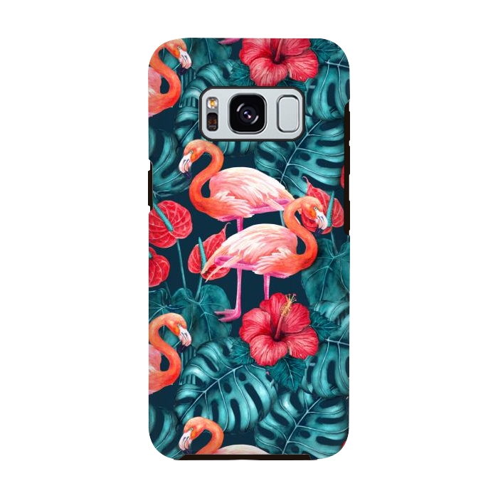 Galaxy S8 StrongFit Flamingo birds and tropical garden watercolor by Katerina Kirilova