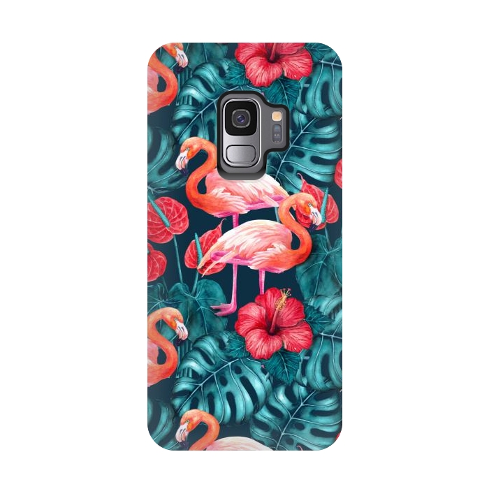Galaxy S9 StrongFit Flamingo birds and tropical garden watercolor by Katerina Kirilova
