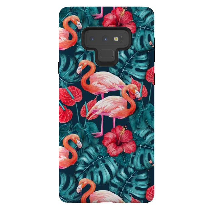 Galaxy Note 9 StrongFit Flamingo birds and tropical garden watercolor by Katerina Kirilova