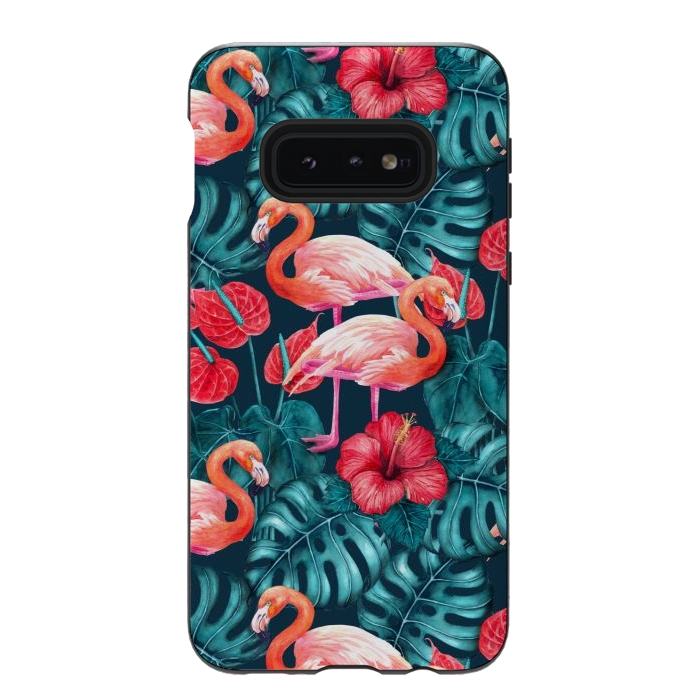 Galaxy S10e StrongFit Flamingo birds and tropical garden watercolor by Katerina Kirilova