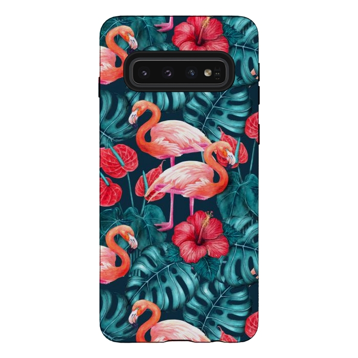 Galaxy S10 StrongFit Flamingo birds and tropical garden watercolor by Katerina Kirilova