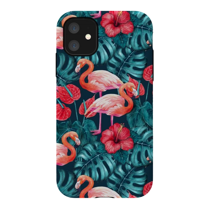 iPhone 11 StrongFit Flamingo birds and tropical garden watercolor by Katerina Kirilova