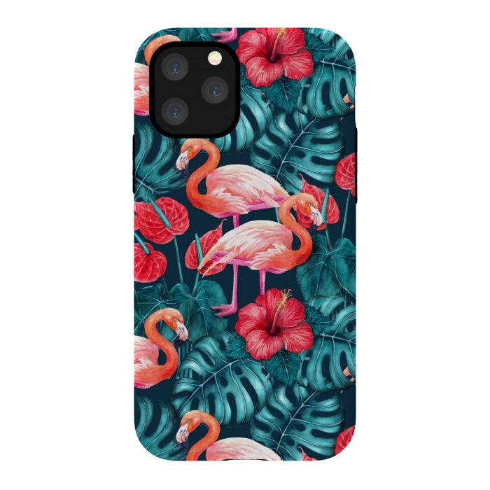 iPhone 11 Pro StrongFit Flamingo birds and tropical garden watercolor by Katerina Kirilova