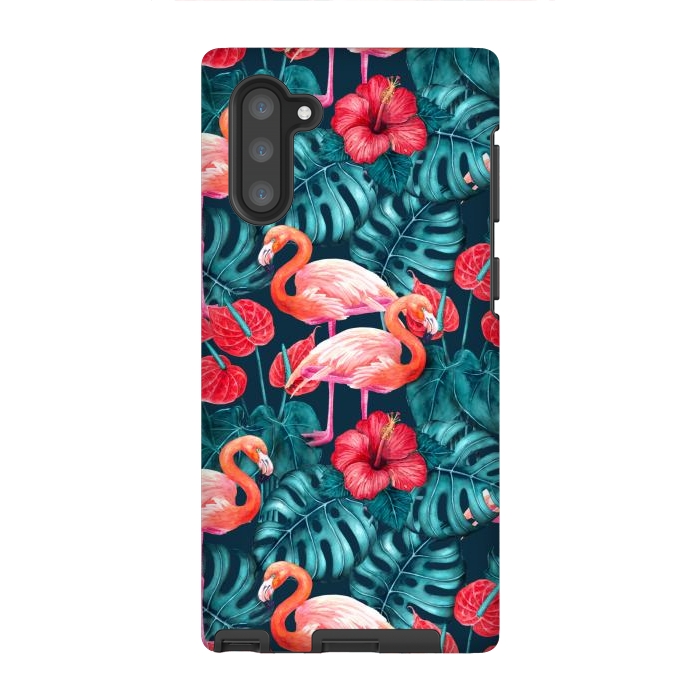 Galaxy Note 10 StrongFit Flamingo birds and tropical garden watercolor by Katerina Kirilova