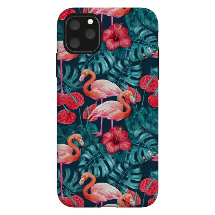 iPhone 11 Pro Max StrongFit Flamingo birds and tropical garden watercolor by Katerina Kirilova