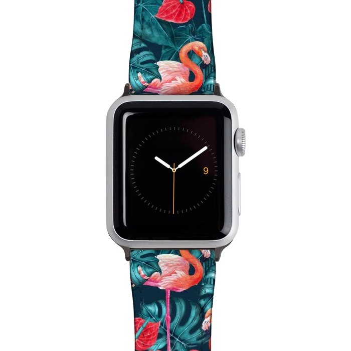 Watch 38mm / 40mm Strap PU leather Flamingo birds and tropical garden watercolor by Katerina Kirilova