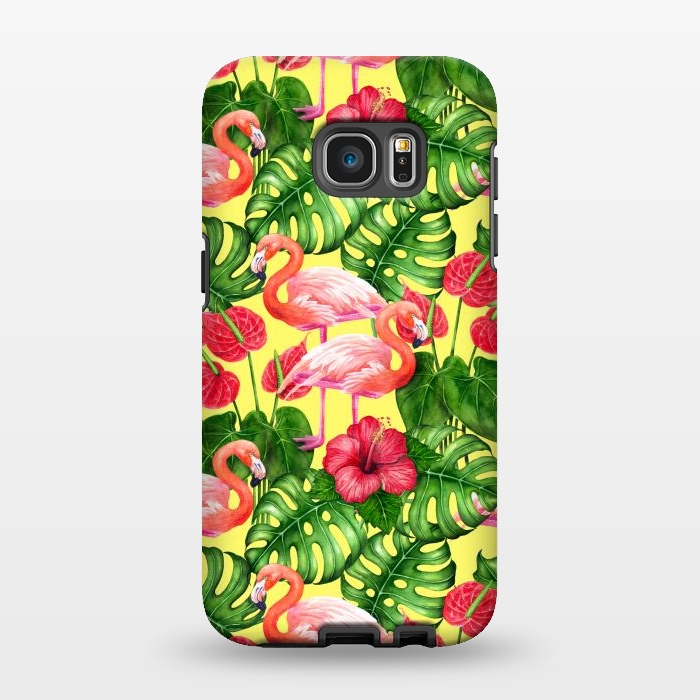 Galaxy S7 EDGE StrongFit Flamingo birds and tropical garden watercolor 2 by Katerina Kirilova