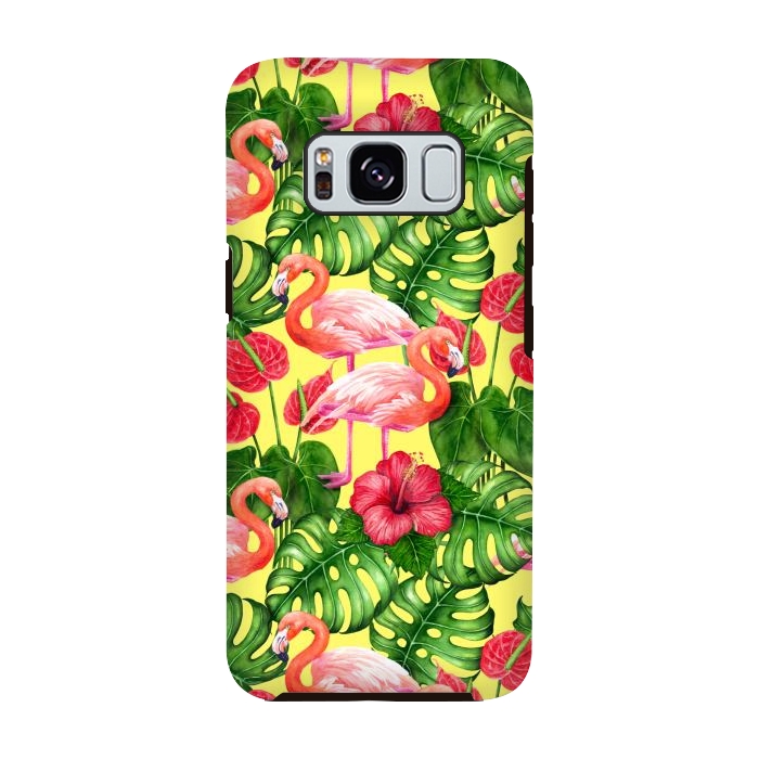 Galaxy S8 StrongFit Flamingo birds and tropical garden watercolor 2 by Katerina Kirilova