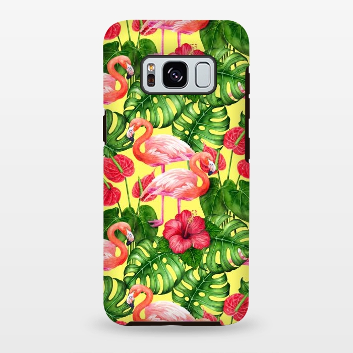 Galaxy S8 plus StrongFit Flamingo birds and tropical garden watercolor 2 by Katerina Kirilova