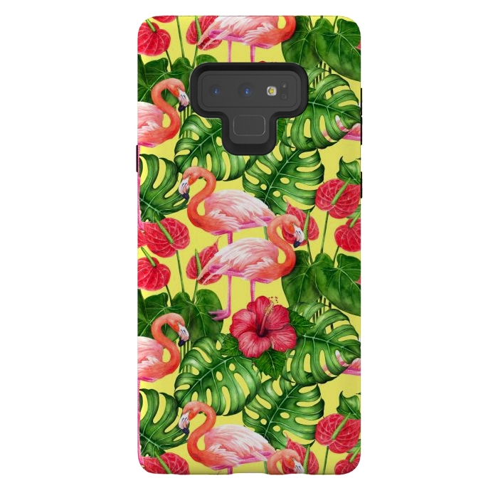 Galaxy Note 9 StrongFit Flamingo birds and tropical garden watercolor 2 by Katerina Kirilova
