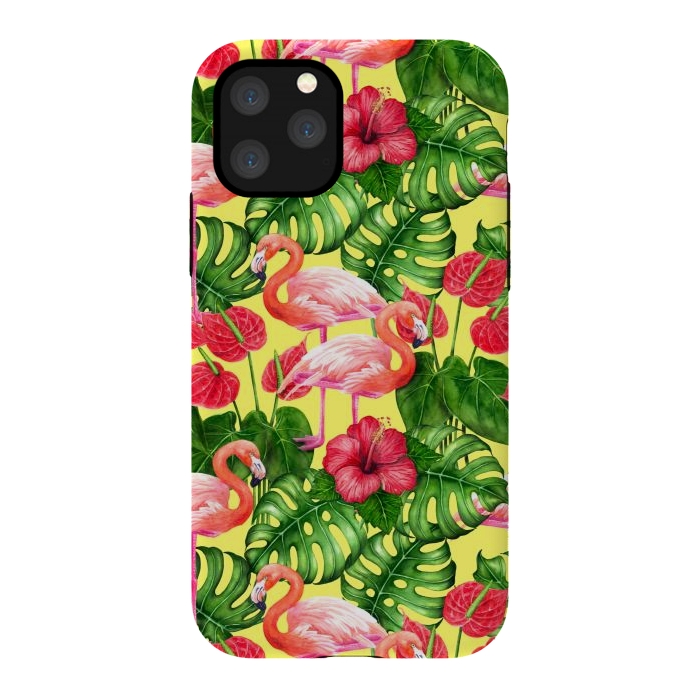 iPhone 11 Pro StrongFit Flamingo birds and tropical garden watercolor 2 by Katerina Kirilova