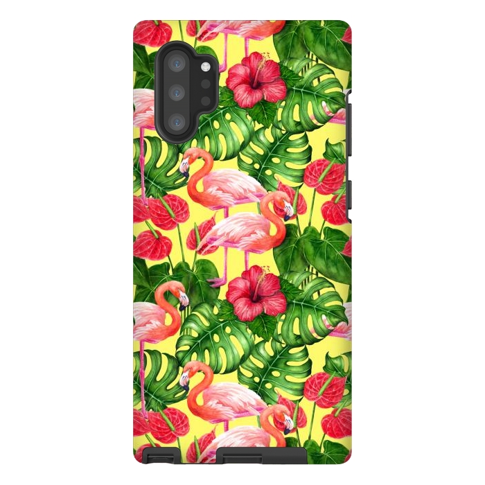 Galaxy Note 10 plus StrongFit Flamingo birds and tropical garden watercolor 2 by Katerina Kirilova