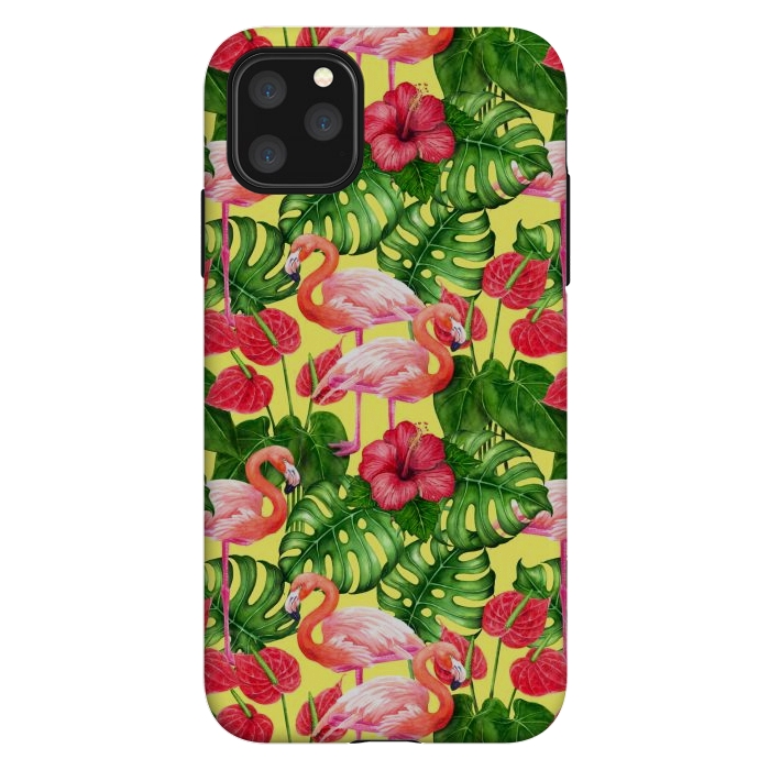 iPhone 11 Pro Max StrongFit Flamingo birds and tropical garden watercolor 2 by Katerina Kirilova