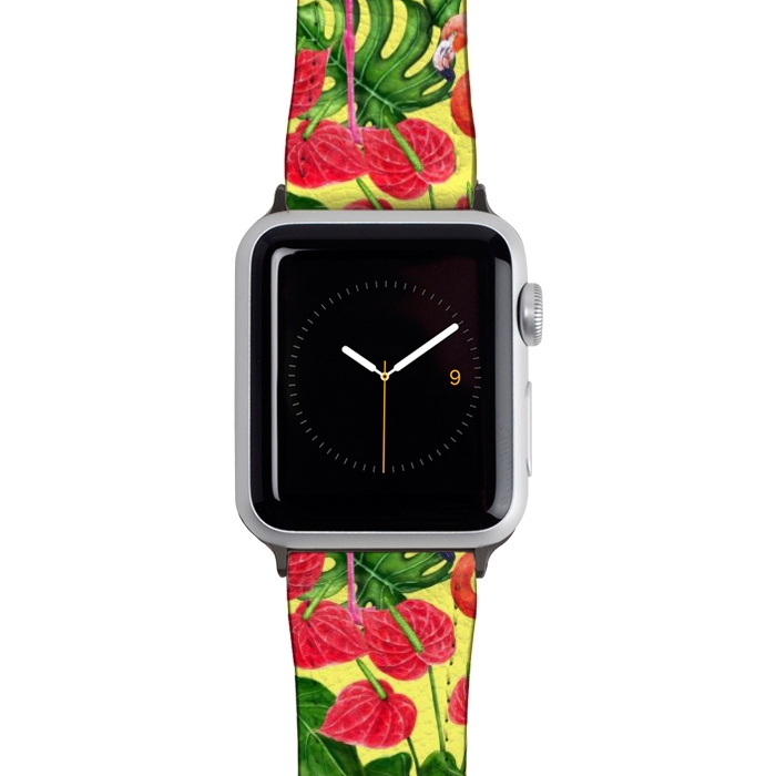 Watch 42mm / 44mm Strap PU leather Flamingo birds and tropical garden watercolor 2 by Katerina Kirilova