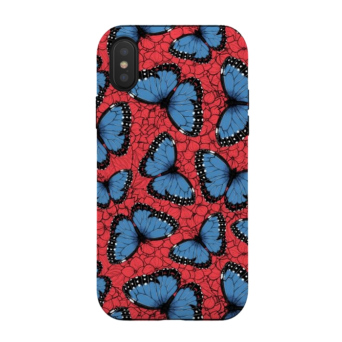 iPhone Xs / X StrongFit Blue Morpho butterfly on red hydrangea by Katerina Kirilova