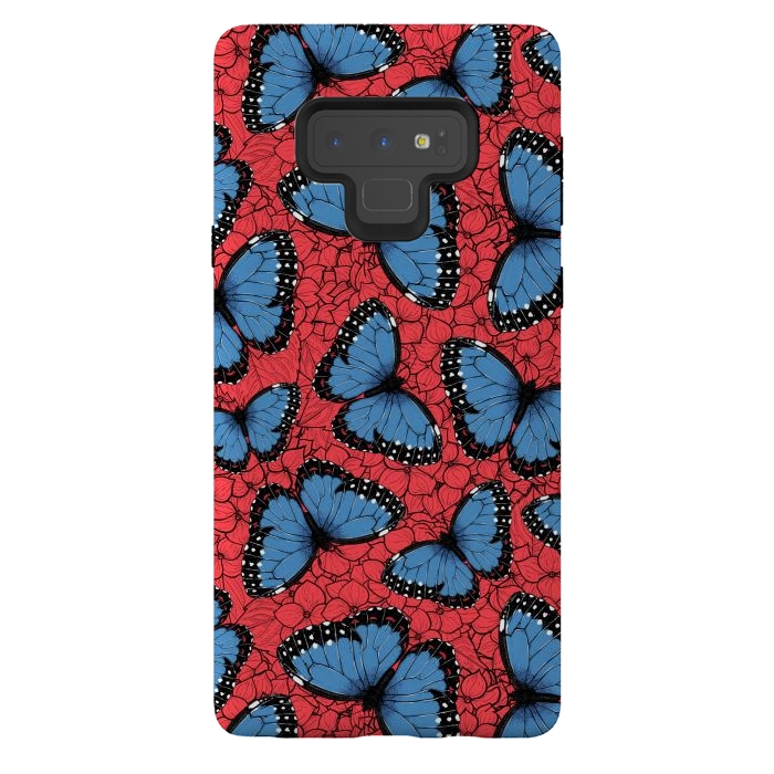 Galaxy Note 9 StrongFit Blue Morpho butterfly on red hydrangea by Katerina Kirilova