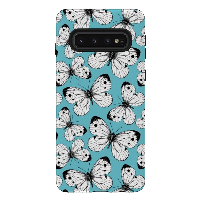 Galaxy S10 StrongFit Cabbage butterfly pattern on blue by Katerina Kirilova