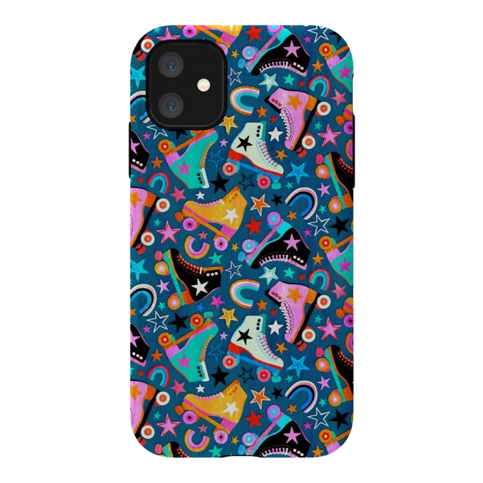 iPhone 11 StrongFit Retro Rainbow Roller Skates and Stars by Micklyn Le Feuvre