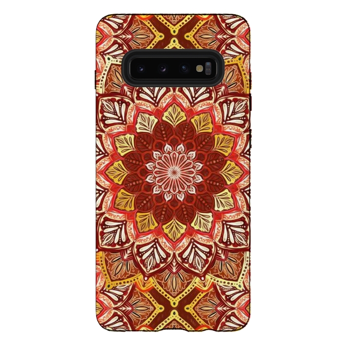Galaxy S10 plus StrongFit Boho Mandala in Rust Red and Faux Gold by Micklyn Le Feuvre