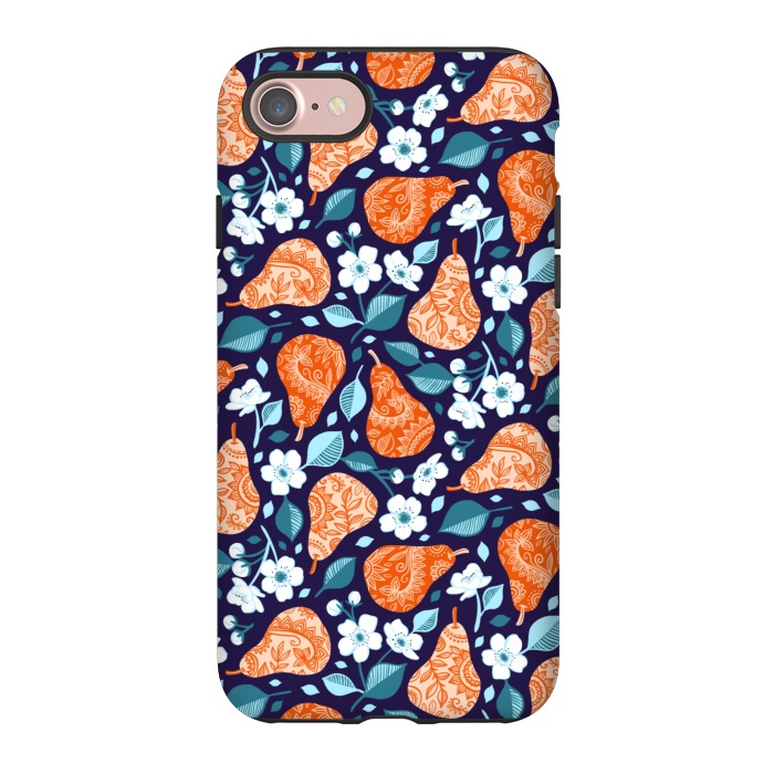 iPhone 7 StrongFit Cheerful Pears in Orange on Navy Blue by Micklyn Le Feuvre