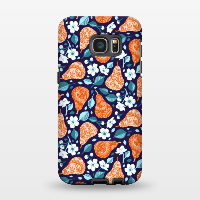 Galaxy S7 EDGE StrongFit Cheerful Pears in Orange on Navy Blue by Micklyn Le Feuvre