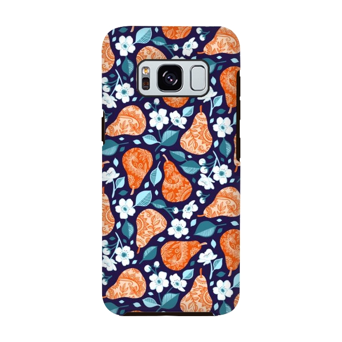Galaxy S8 StrongFit Cheerful Pears in Orange on Navy Blue by Micklyn Le Feuvre