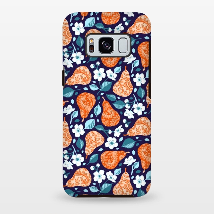 Galaxy S8 plus StrongFit Cheerful Pears in Orange on Navy Blue by Micklyn Le Feuvre