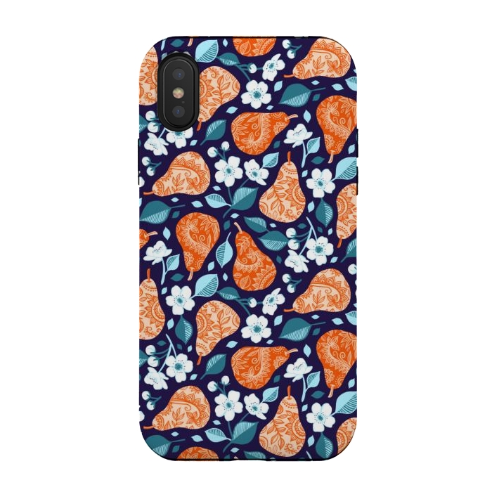 iPhone Xs / X StrongFit Cheerful Pears in Orange on Navy Blue by Micklyn Le Feuvre