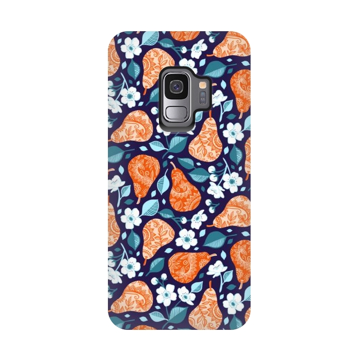 Galaxy S9 StrongFit Cheerful Pears in Orange on Navy Blue by Micklyn Le Feuvre