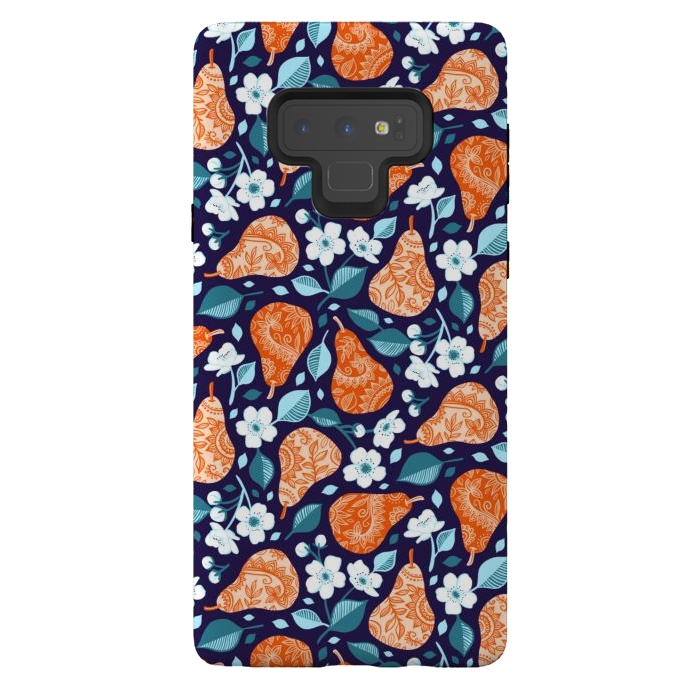 Galaxy Note 9 StrongFit Cheerful Pears in Orange on Navy Blue by Micklyn Le Feuvre