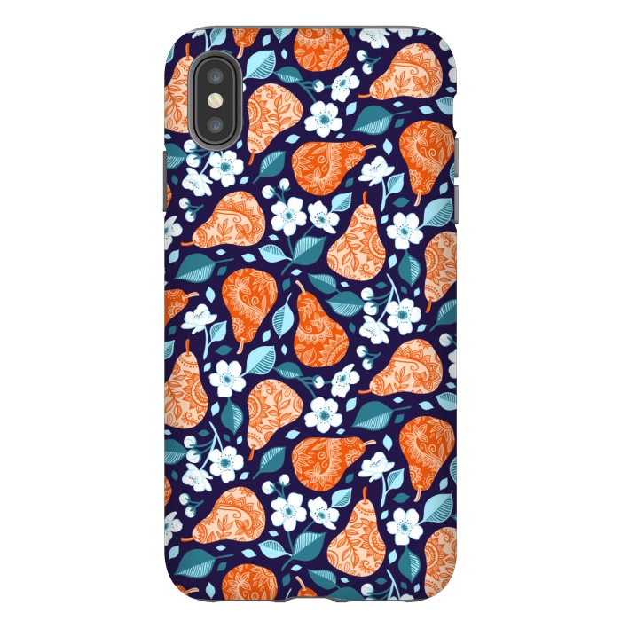 iPhone Xs Max StrongFit Cheerful Pears in Orange on Navy Blue by Micklyn Le Feuvre