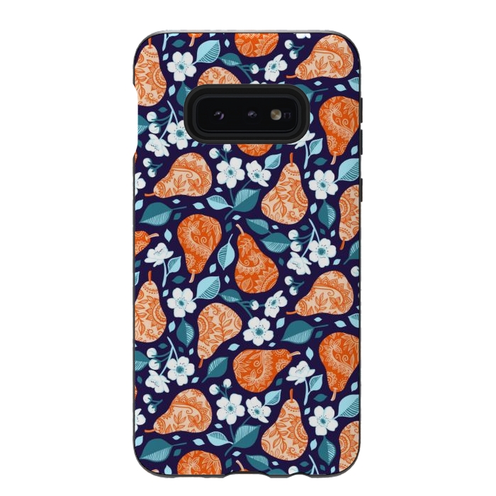 Galaxy S10e StrongFit Cheerful Pears in Orange on Navy Blue by Micklyn Le Feuvre