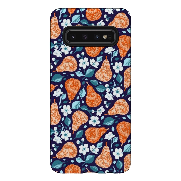 Galaxy S10 StrongFit Cheerful Pears in Orange on Navy Blue by Micklyn Le Feuvre