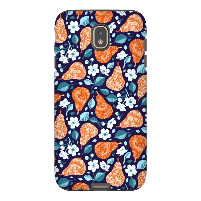 Galaxy J7 StrongFit Cheerful Pears in Orange on Navy Blue by Micklyn Le Feuvre