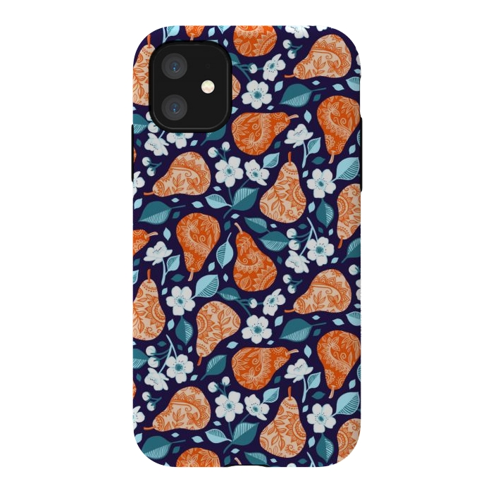 iPhone 11 StrongFit Cheerful Pears in Orange on Navy Blue by Micklyn Le Feuvre