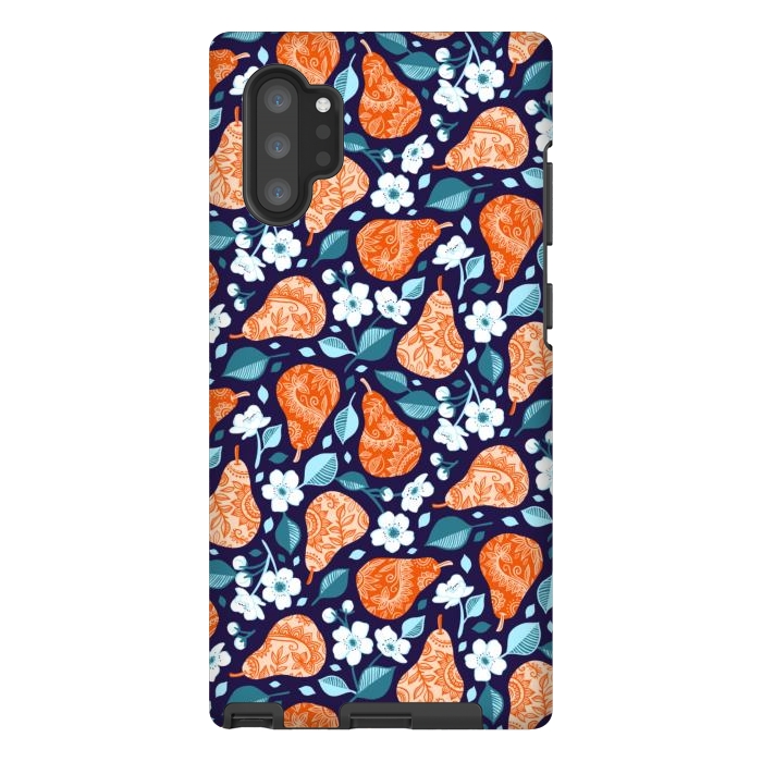 Galaxy Note 10 plus StrongFit Cheerful Pears in Orange on Navy Blue by Micklyn Le Feuvre