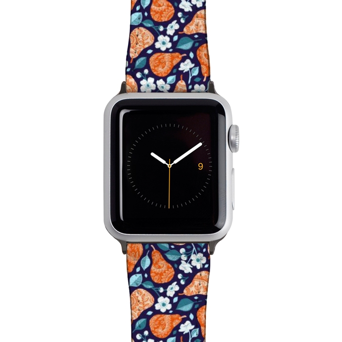 Watch 42mm / 44mm Strap PU leather Cheerful Pears in Orange on Navy Blue by Micklyn Le Feuvre