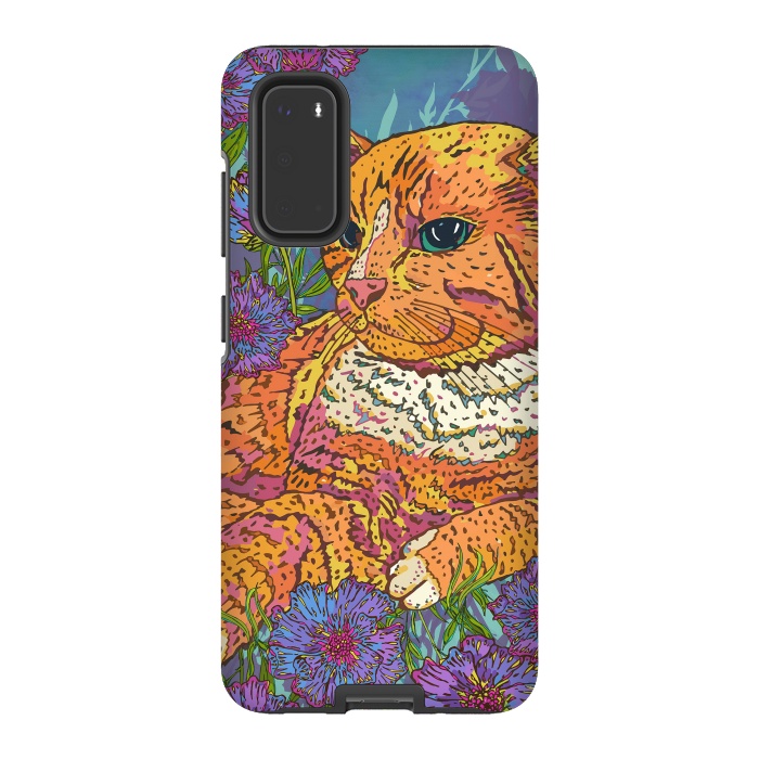 Galaxy S20 StrongFit Ginger Cat in Flowers by Lotti Brown