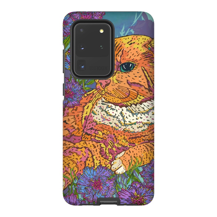 Galaxy S20 Ultra StrongFit Ginger Cat in Flowers by Lotti Brown