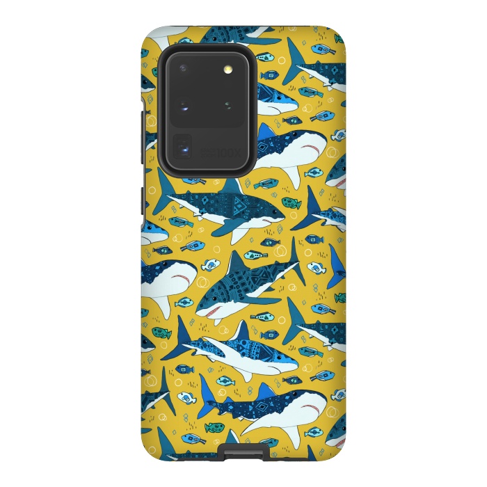 Galaxy S20 Ultra StrongFit Tribal Sharks & Fish On Mustard by Tigatiga